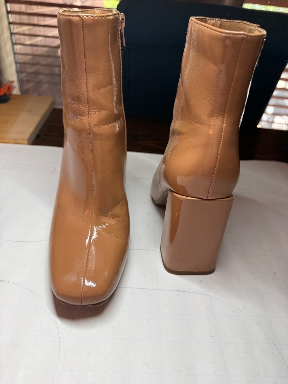 Women's Tan Patent Block Heel Ankle Boots
